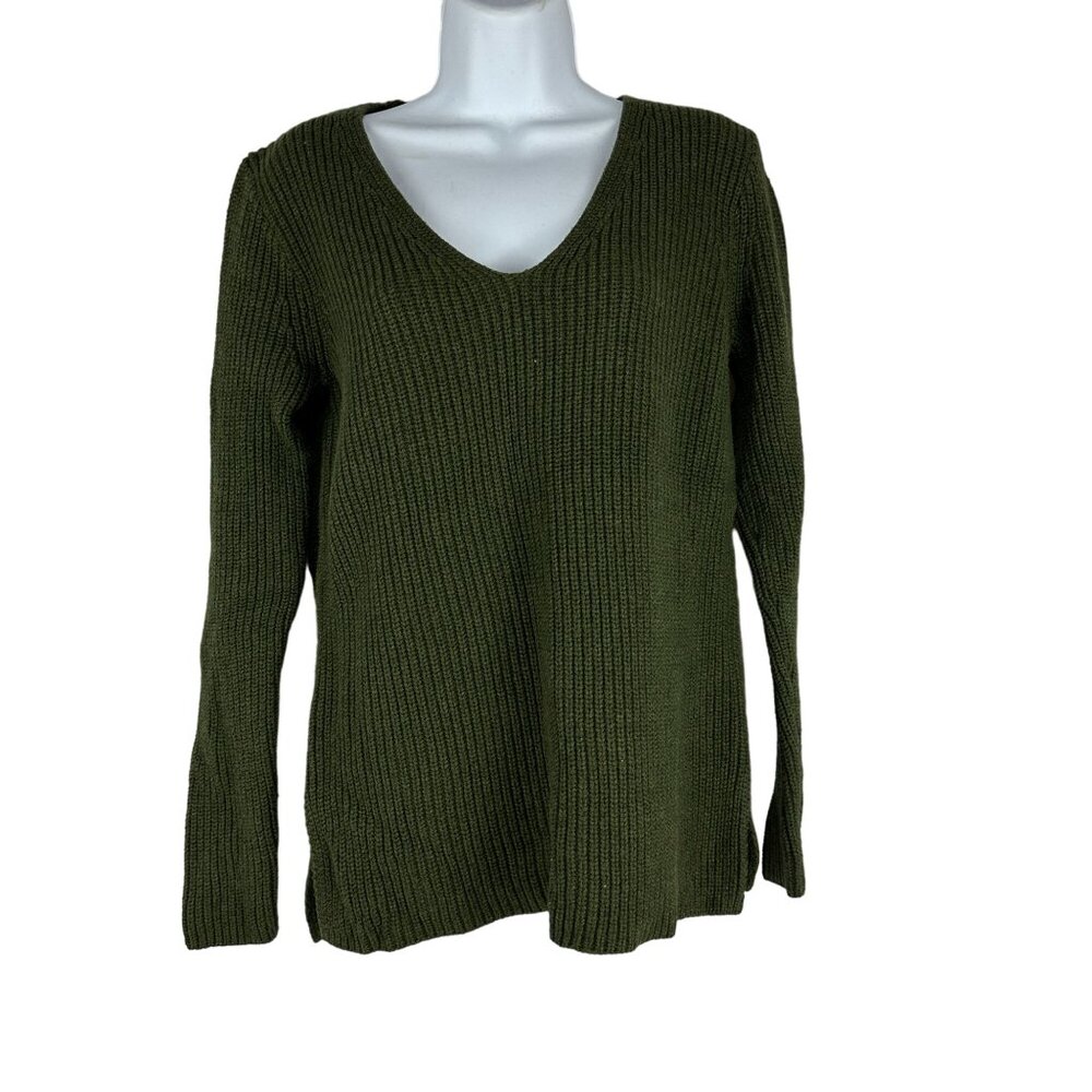J Crew Mercantile XS V-Neck Olive Green Knit Cotton Pullover Sweater Womens